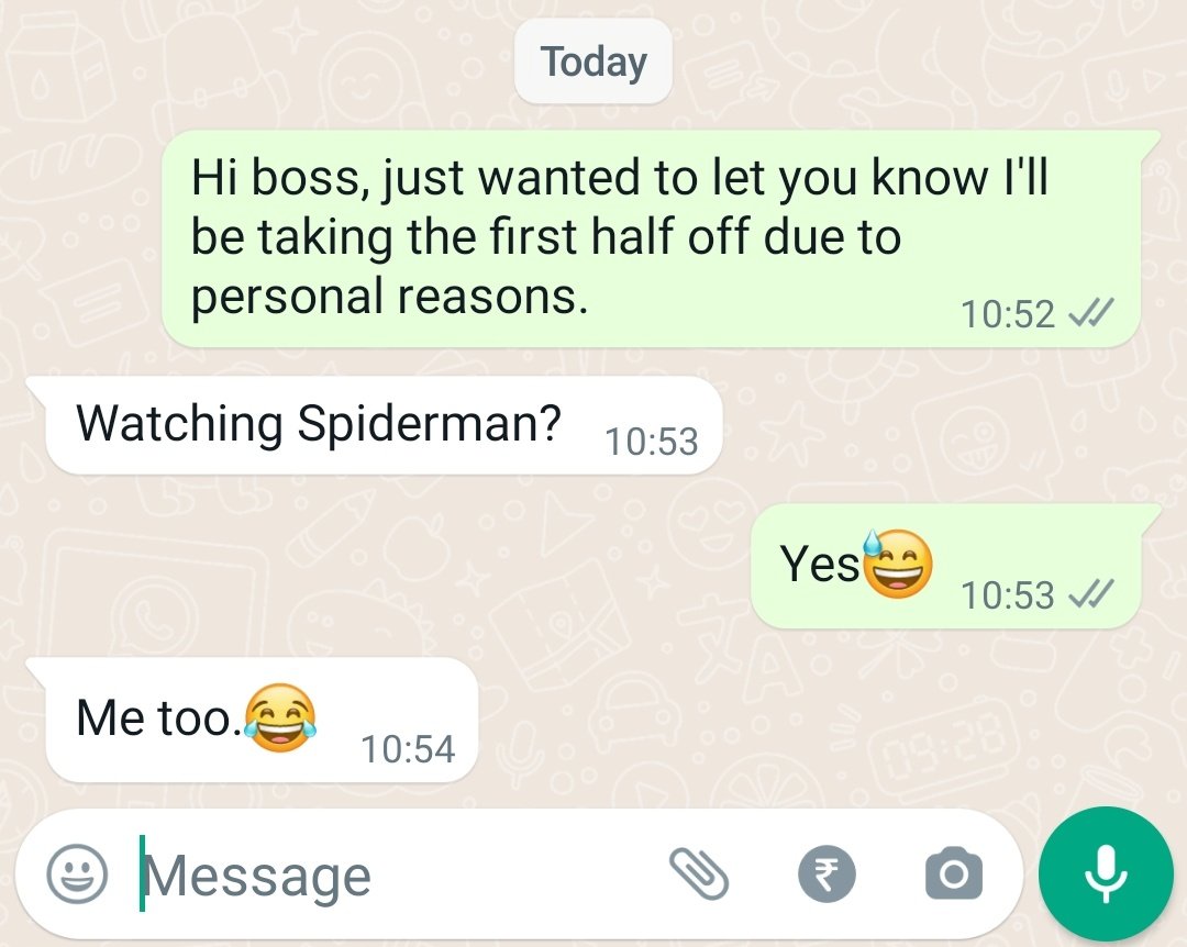 Riyaa_16's tweet photo. I hope everyone gets a boss like this #SpiderManNowWayHome https://t.co/KFhD4PPE7D