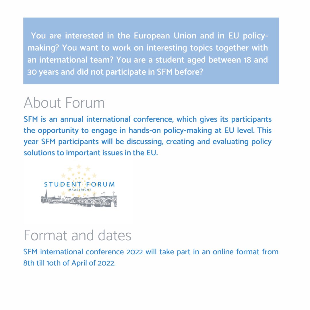 SFM_Conference's tweet photo. ~You are interested in the European Union and EU policy-making? 🇪🇺

~You want to work on interesting topics together with an international team? 🙋🏻‍♀️

~You are a student aged between 18 and 30 years and did not participate in SFM before? 📚

Then this is the opportunity for you! https://t.co/Xrcwic34k1
