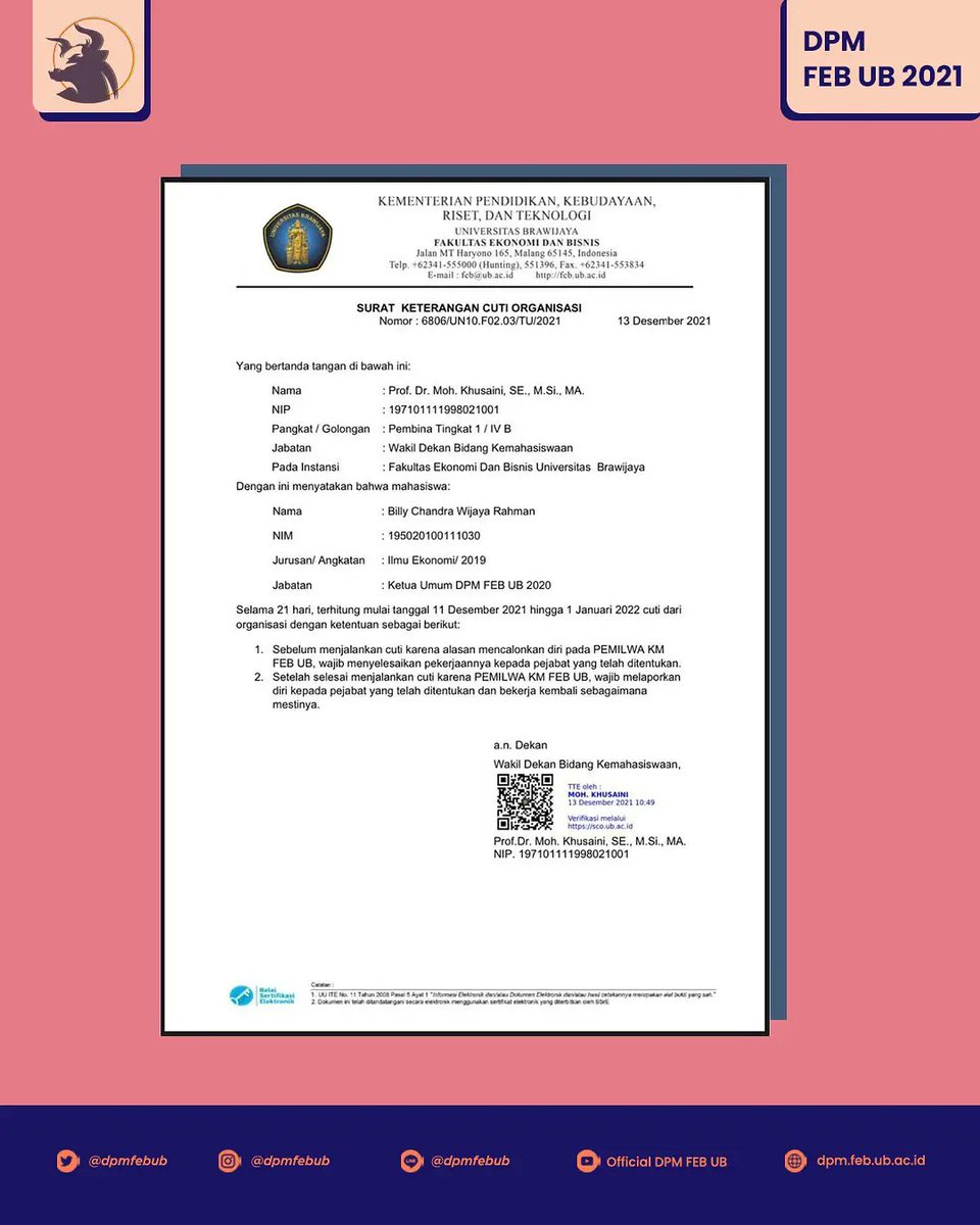 [SURAT IZIN CUTI KETUA DPM FEB UB]

Selamat Siang KM FEB UB!

Berikut kami infokan terkait Surat izin cuti Ketua DPM FEB UB 2021.

Jangan lupa untuk disimak ya teman-teman!

Narahubung : Billy Chandra/
081315859676