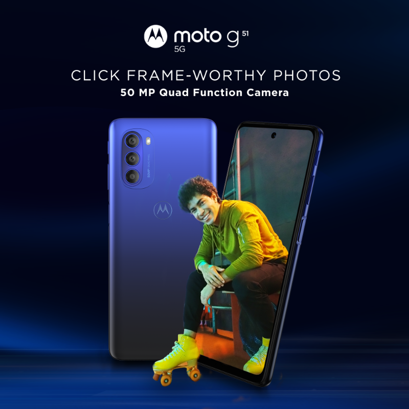 motorolaindia's tweet photo. Download in no time, stream content in high-definition &amp; do a lot more with the new #motog51 5G. It's packed with 12 global 5G Bands, Snapdragon™ 480+ 5G Processor, ThinkShield for Mobile &amp; more. #GoTrue5G at just ₹14,999. Sale is now live on @Flipkart. #gomotog