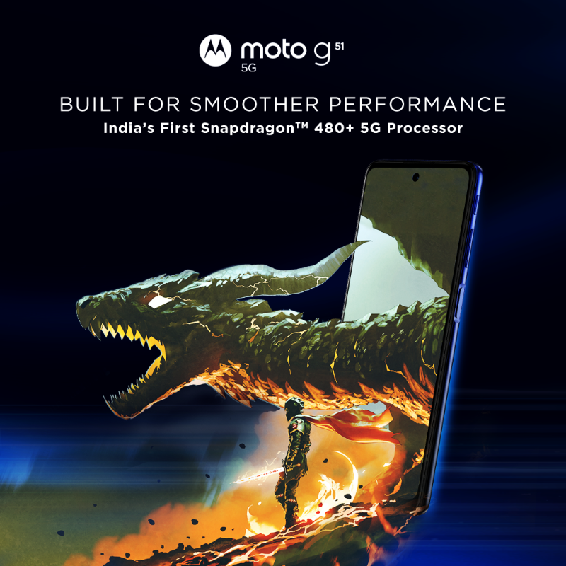 motorolaindia's tweet photo. Download in no time, stream content in high-definition &amp; do a lot more with the new #motog51 5G. It's packed with 12 global 5G Bands, Snapdragon™ 480+ 5G Processor, ThinkShield for Mobile &amp; more. #GoTrue5G at just ₹14,999. Sale is now live on @Flipkart. #gomotog
