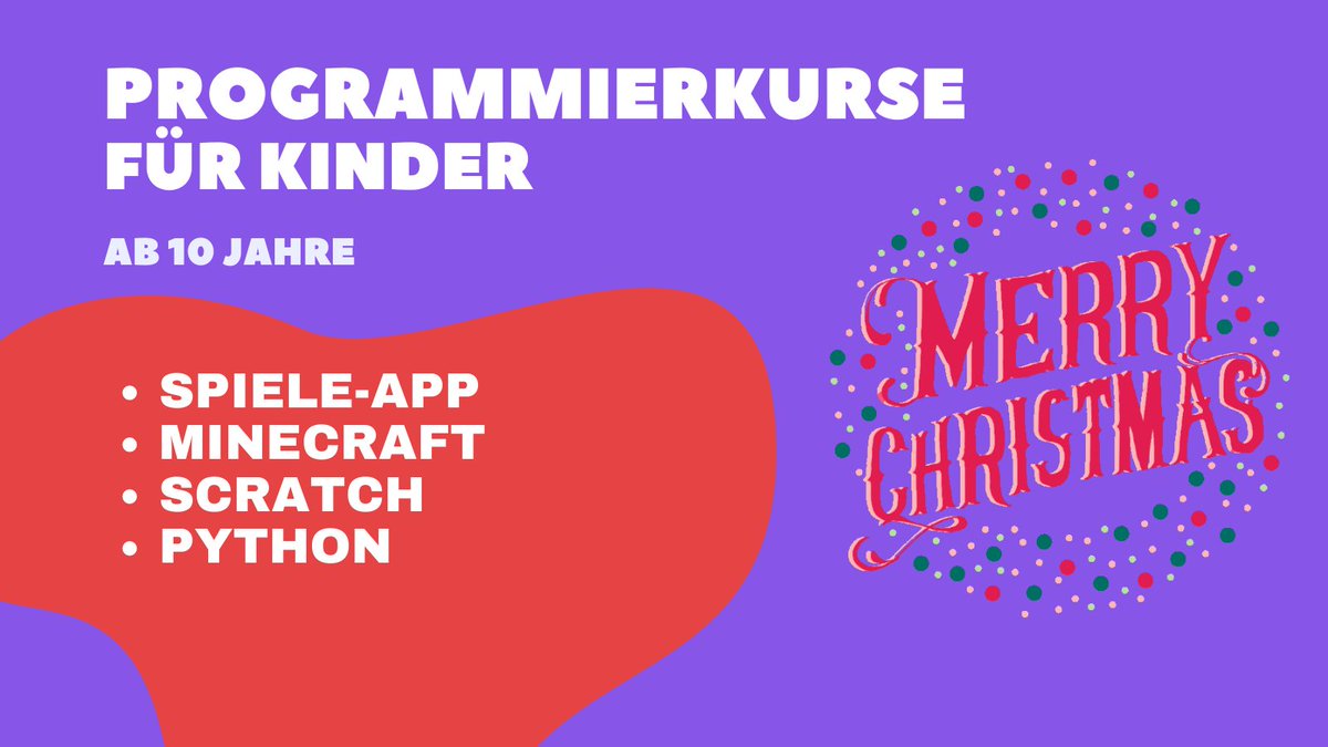 Code it! (@_code_it_) on Twitter photo Ihr sucht noch Weihnachtsgeschenke, mit denen ihre eure Kids begeistern könnt? Wir hätten da ein paar Kurse:
• Minecraft programmieren (ab 12 J.)
• Programmieren mit Python (ab 10 J.)
• Spiele mit Scratch (ab 9 J.)
• u.a.
Alle Infos unter: code-it-studio.de/webakademie-on… Ihr sucht noch Weihnachtsgeschenke, mit denen ihre eure Kids begeistern könnt? Wir hätten da ein paar Kurse:
• Minecraft programmieren (ab 12 J.)
• Programmieren mit Python (ab 10 J.)
• Spiele mit Scratch (ab 9 J.)
• u.a.
Alle Infos unter: code-it-studio.de/webakademie-on…
