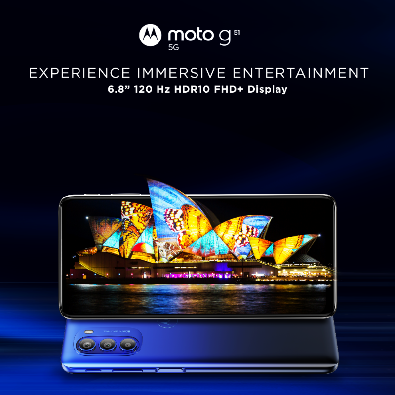 motorolaindia's tweet photo. Download in no time, stream content in high-definition &amp; do a lot more with the new #motog51 5G. It's packed with 12 global 5G Bands, Snapdragon™ 480+ 5G Processor, ThinkShield for Mobile &amp; more. #GoTrue5G at just ₹14,999. Sale is now live on @Flipkart. #gomotog