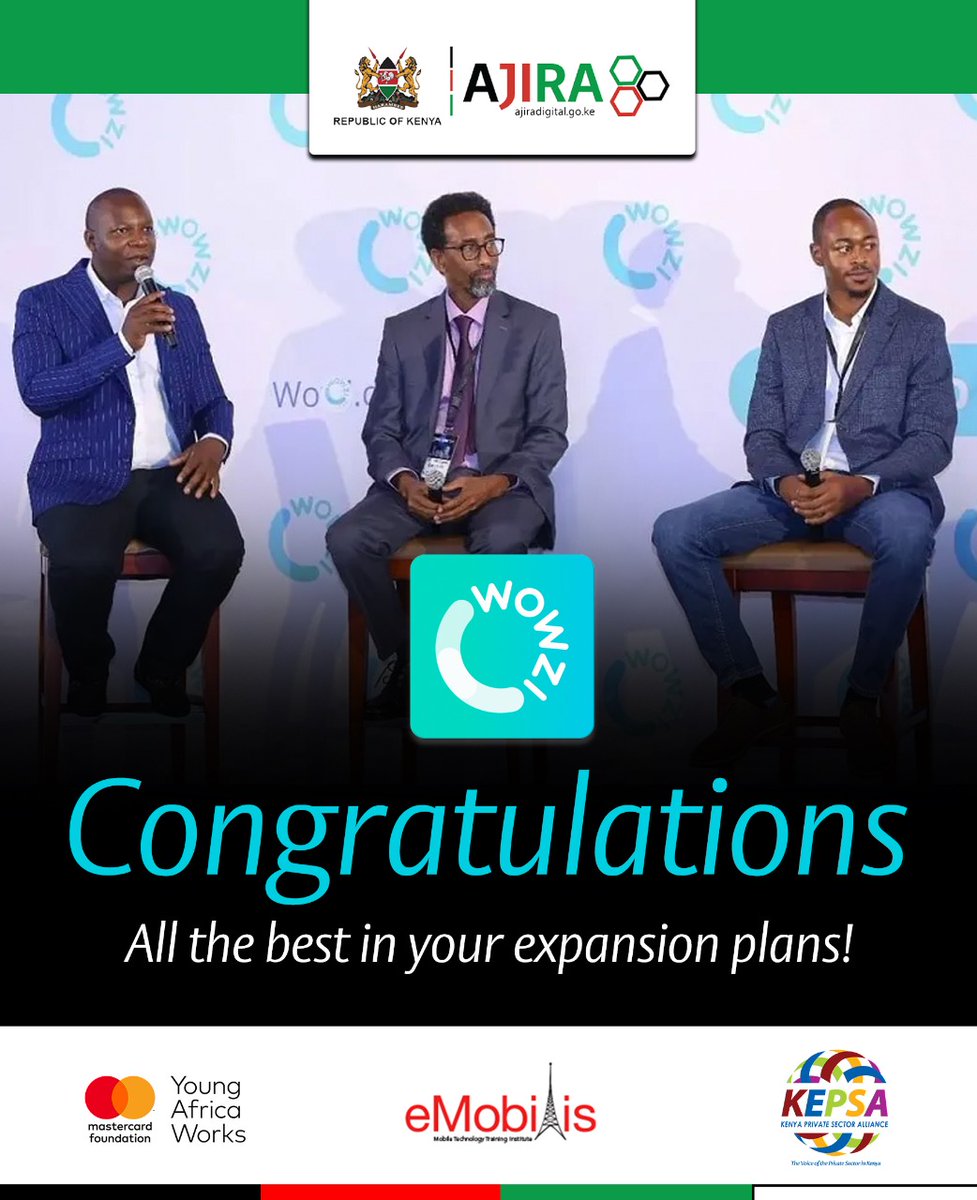 AjiraDigital's tweet image. Congratulations to the @wowzi_ke team on successfully closing your fundraising round and your contribution to the digital economy.

#TheFutureWorksOnline
#AjiraDigitalProgram #Wowzi #DigitalJobs 

@MoICTKenya
@MastercardFdn
@eMobilis  
@KEPSA_KENYA