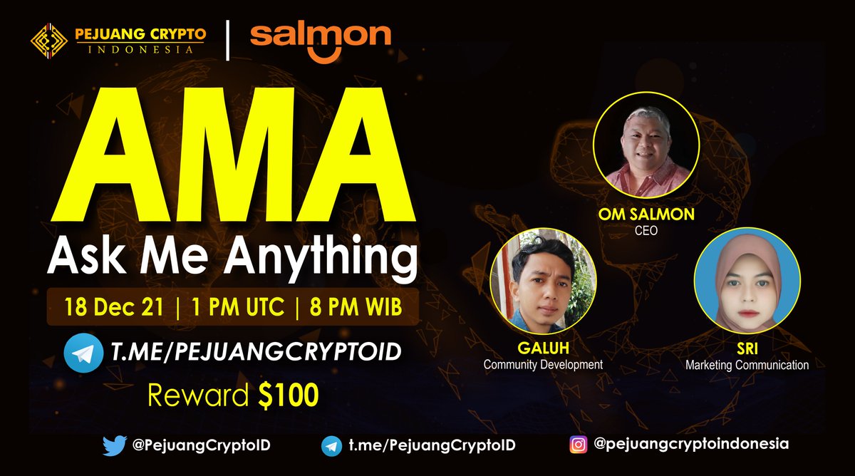 Hello, Crypto Warrior!

We will be hosting an AMA session with 
@thesalmonation
 
🗓 Saturday, 18th December 2021
⏲️1 PM UTC / 8 PM WIB
🏠t.me/PejuangCryptoID
💰100 BUSD

Let's join and ask your question with reply this tweet!
#AMA #PejuangCryptoID #Salmonation