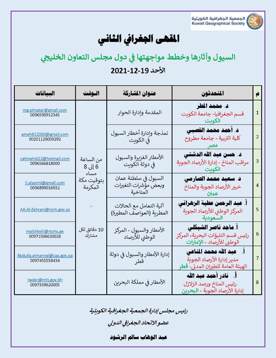 KuwaitG_Society's tweet photo. تدعوكم الجمعية الجغرافية الكويتية لحضور المقهى الجغرافي الثاني (السيول وآثارها وخطط مواجهتها فى دول مجلس التعاون) يوم الأحد 19 ديسمبر 2021 الساعة ٦ مساء. من خلال رابط برنامج زووم
https://t.co/2e5x96ooFS
Meeting ID: 559 392 4574
Passcode: 0inGNc https://t.co/Ee264EtIFh