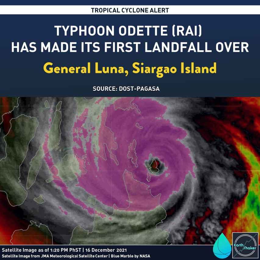earthshakerph's tweet photo. BREAKING | At 1:20 PM PhST, Typhoon #OdettePH has officially made landfall over in General Luna, Siargao Island.

It is expected to move further inland over the next coming hours. Stay safe, Shakers!

Source: PAGASA https://t.co/8f9Z0vcIYd