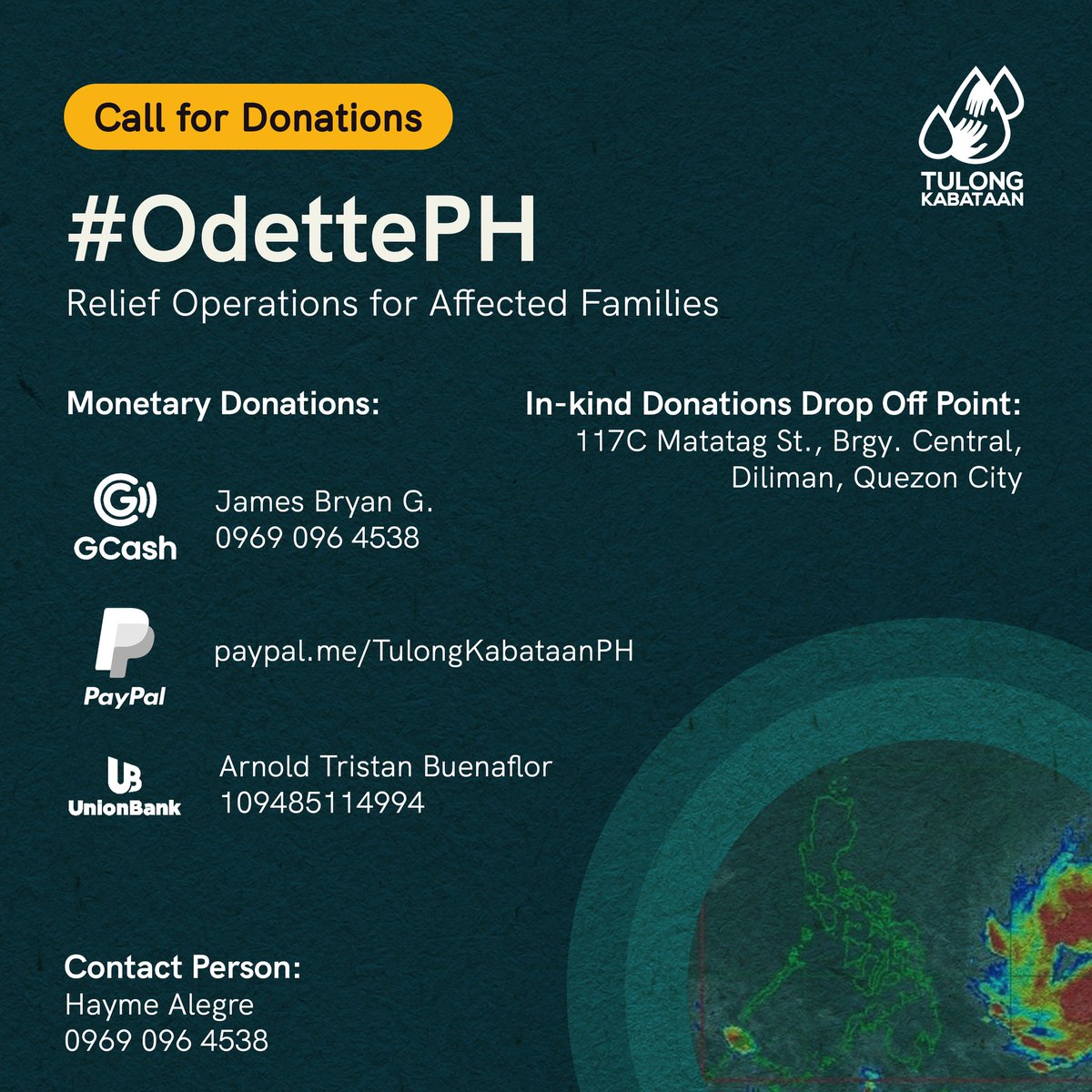 📣 CALL FOR DONATIONS 📣

Ramdam na ang hagupit ng bagyong #OdettePH sa iba't-ibang parte ng Visayas at Mindanao, ngayong araw ng Huwebes, Disyembre 16. Inilikas na ang libo-libong residente doon at naghahanda na rin ang mga awtoridad para sa pagtama ng bagyo.