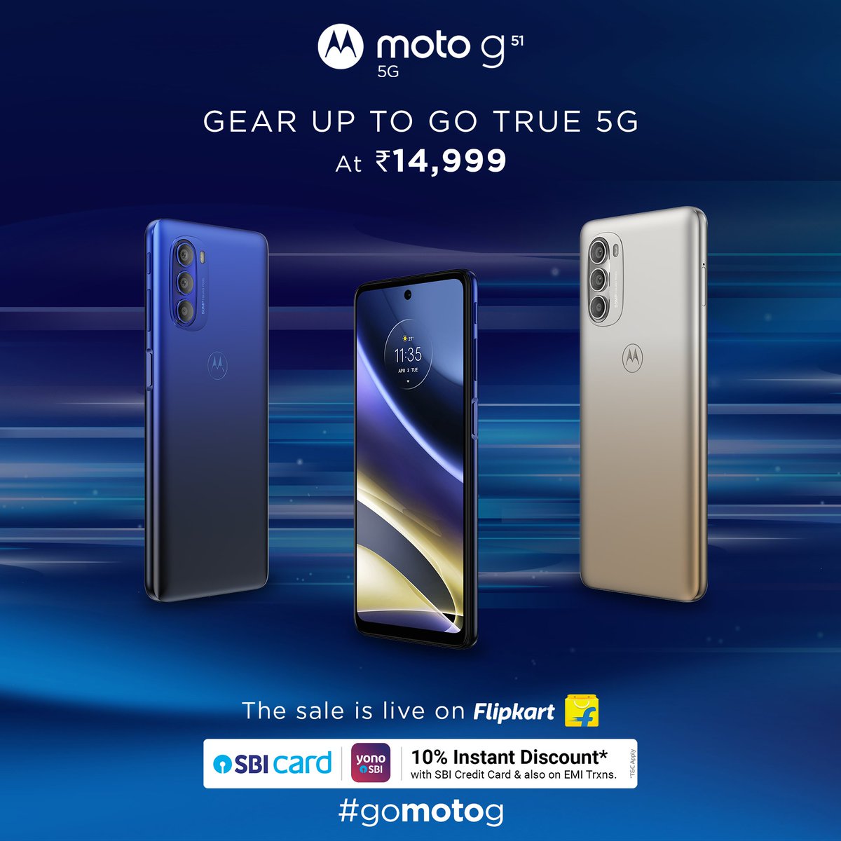 motorolaindia's tweet photo. Buy the all-new #motog51 5G at just ₹14,999. #GoTrue5G with 12 5G Bands, India's 1st Snapdragon 480+, ThinkShield for Mobile &amp; more! Avail discount of Extra 10% Off during Big Saving Days on @Flipkart &amp; get at a special price of ₹13,999! #gomotog https://t.co/OP04cdV4NN https://t.co/UwRH5FQ03u