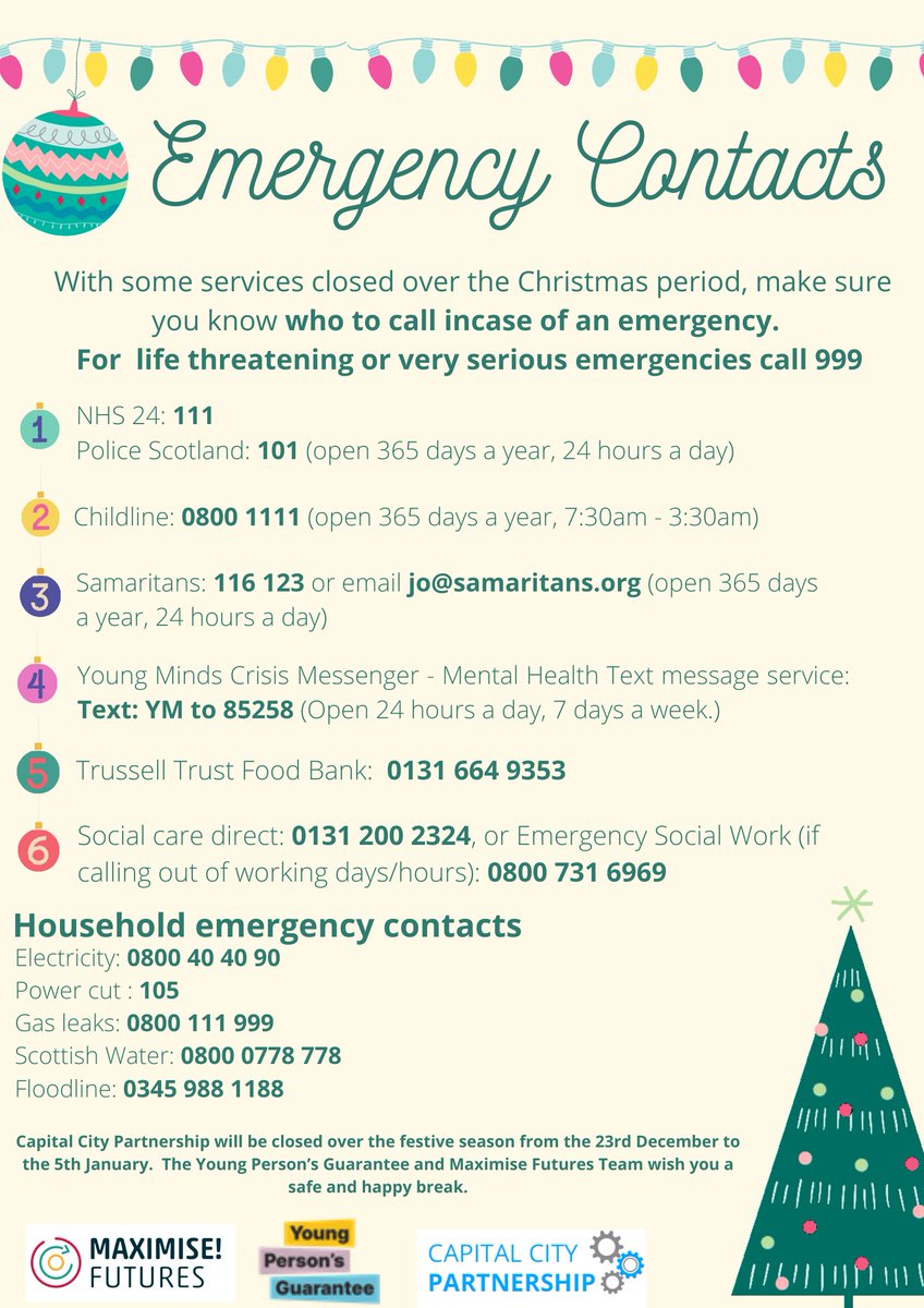 MaximiseFutures's tweet photo. Emergencies don't stop for Christmas - save this list of emergency contacts and make sure you are prepared for anything this Crimbo!
#Christmas #Emergency #Help #StaySafe #CheckTheList #Edinburgh #CoolYule https://t.co/GeFUwxaQ6o
