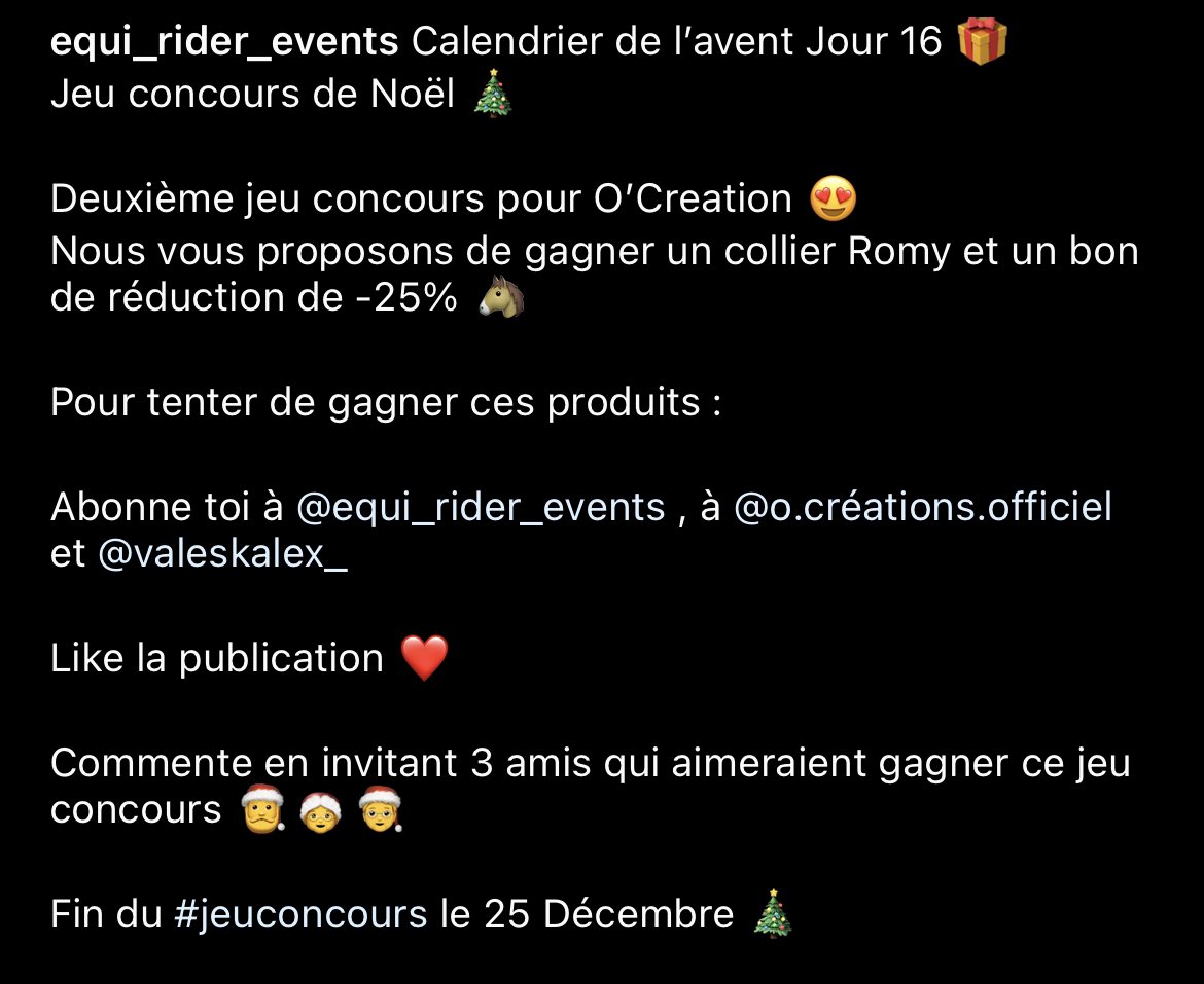 Calendrier de l’avent Jour 16 🎁
Jeu concours d’O’Créations pour gagner un collier Romy et un bon de réduction de -25% 😍

#jeuconcours #Giveaway #horse