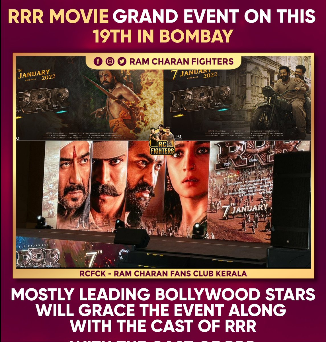 #RRRMovie Grand Event on this 19th in Bombay. Mostly Leading Bollywood Star will grace the Event along with the Cast of RRR #megapowerstar #ramcharan #jrntr #megastarchiranjeevi #rrrmovie #ramcharanfans #RCFCK #rcfck_official #cboe_official #rc16 #RamCharanFansKerala