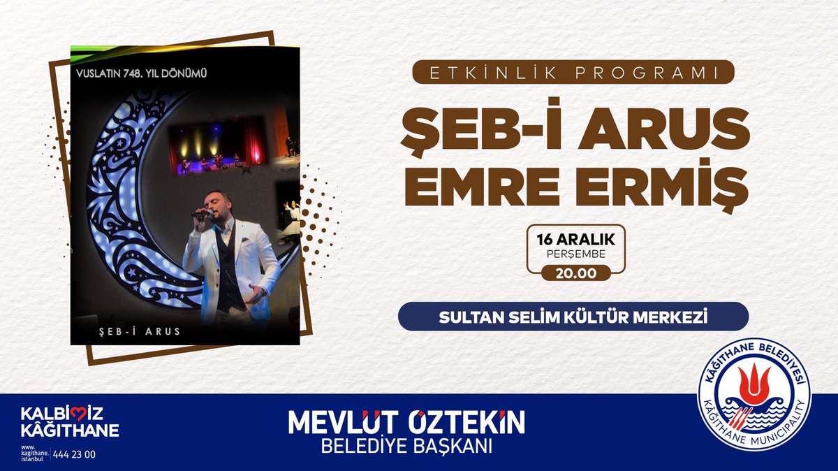 Kutlu vuslatın yıl dönümünde, değerli Tasavvuf Sanatçısı Emre Ermiş'in anlatımıyla Şeb-i Arus...

🗓️16 Aralık Perşembe 
⏱️20.00

📍Sultan Selim Kültür Merkezi.

#KalbimizKağıthane
