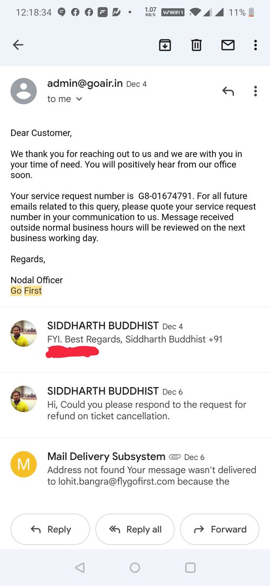 Sir <a href="/JM_Scindia/">Jyotiraditya M. Scindia</a>, this is the first mail I've sent to <a href="/GoFirstairways/">GO FIRST</a> after calling several times on mentioned numbers on co. website and received an autogenerated mails which was not delivered to airlines nodal officer <a href="/DGCAIndia/">DGCA</a> <a href="/MoCA_GoI/">MoCA_GoI</a> <a href="/PMOIndia/">PMO India</a> <a href="/narendramodi/">Narendra Modi</a> <a href="/jagograhakjago/">Consumer Affairs</a>