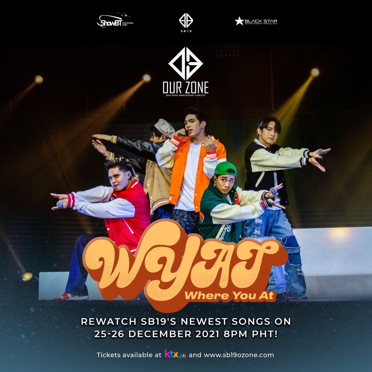 SB19Official's tweet photo. Rewatch #SB19 perform 'WYAT' or 'Where You At' at the final run of Our Zone Replay! 🕺💙

Streaming Worldwide:
🌏 12/25 8PM PHT | 12/25 4AM Pacific
🌏 12/26 8PM PHT | 12/26 4AM Pacific

🎟 Get your tickets at https://t.co/iKcdavGIrP and https://t.co/AL1037Ihs8

#SB19OurZoneReplay https://t.co/BeERPjFIvR