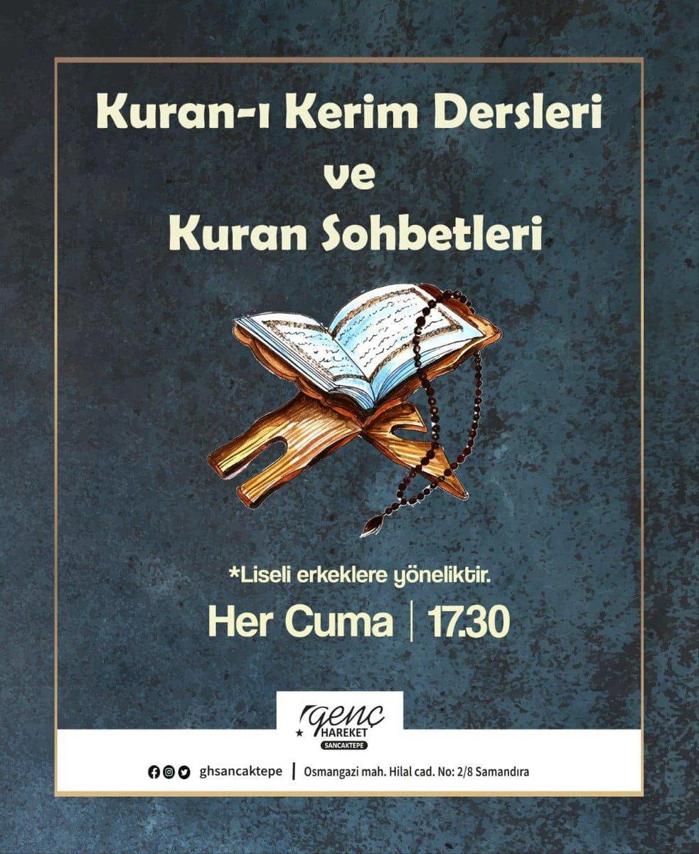 “Sizin en hayırlınız, Kur'an'ı öğrenen ve öğretendir."

Genç Hareket Sancaktepe olarak her Cuma lise öğrencilerine yönelik düzenlediğimiz Kur'an'ı Kerim derslerine tüm öğrenci kardeşlerimizi bekliyoruz.
 
🗓Tarih:  Her  Cuma
🕗Saat: 17.30