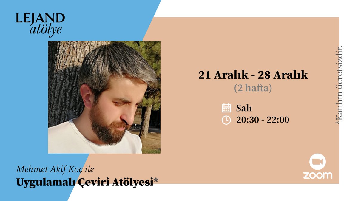 lejandatolye's tweet photo. Mehmet Akif Koç ile Uygulamalı Çeviri Atölyesi başlıyor!

@m_akifkoc

Ayrıntılı bilgi ve başvuru için: 
🌐 https://t.co/8zjOVtQSGR
✉️ atolye@lejand.com.tr, DM

*Katılım ücretsizdir. https://t.co/2mapQnDU5E