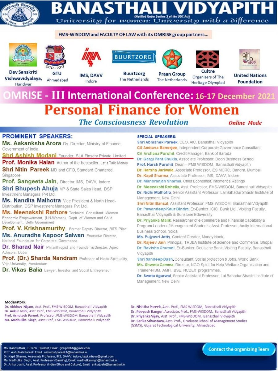 ashish_modani's tweet photo. Banasthali Vidyapith has invited me to talk on 'Personal Finances For Women: at their international conference, OMRISE-III.

Looking forward to having an engaging session with the young women at Banasthali.

#AMSessions #financesession #womenempowerment https://t.co/pXiQBYQrRe