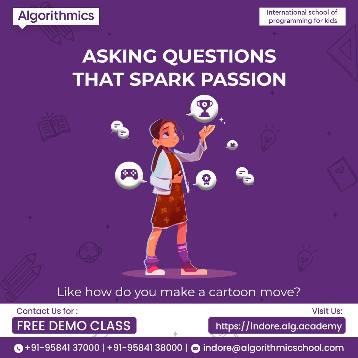 algorithmicsind's tweet image. At Algorithmics, kids engage in activities that spark their passion and curiosity and they ask the right questions.
Visit here
indore.alg.academy

#codingforkids #programmingforkids #python #edtech #algorithmics #algorithmicsindore #scratchprogramming #gamedesign