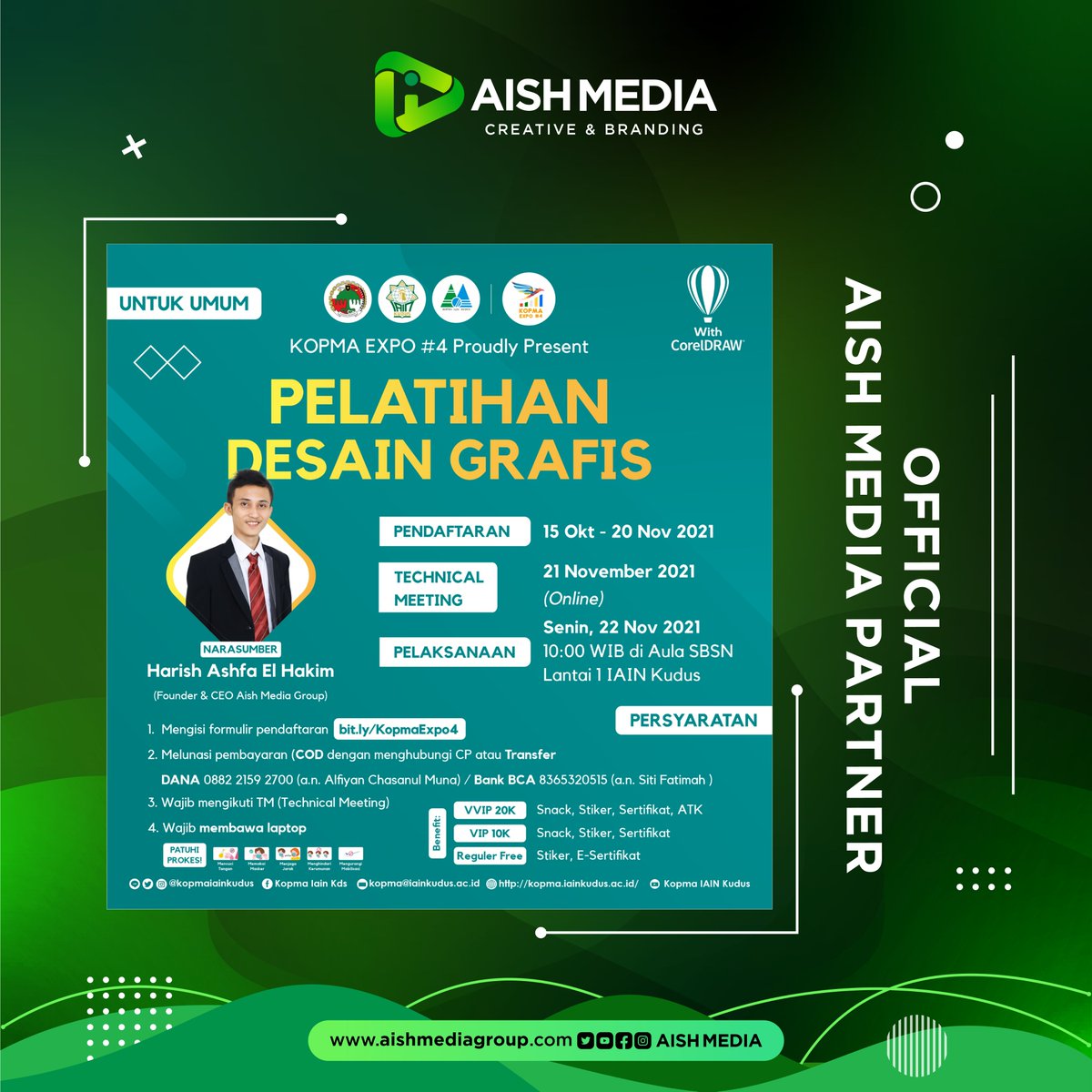 AishMedia's tweet photo. PELATIHAN DESAIN GRAFIS
KOPMA EXPO #4 2021 Institut Agama Islam Negeri (IAIN) Kudus.

#aishmedia #aishmediagroup #PelatihanDesainGrafis #PelatihanDesain #DesainGrafis #WebinarDesainGrafis #WebinarDesain #PelatihanVideografi #PelatihanFotografi #PelatihanEditingVideo #IAINKudus https://t.co/NqB9rR5upC