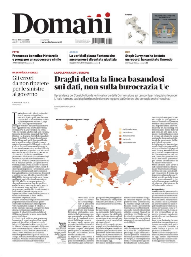 #16dicembre Buon giovedì con la prima del <a href="/DomaniGiornale/">Domani</a>: editoriale di <a href="/EmanueleFelice2/">Emanuele Felice</a> sulle sinistre, apertura di <a href="/DM_DeLuca/">Davide Maria De Luca</a> su Draghi con l’Europa + i 3 richiami interni (tornati sotto la testata): <a href="/MarcoGrie/">Marco Grieco</a> sul Papa, #DeMonticelli su piazza Fontana, <a href="/DanieleRielli/">Daniele Rielli</a> su Curry