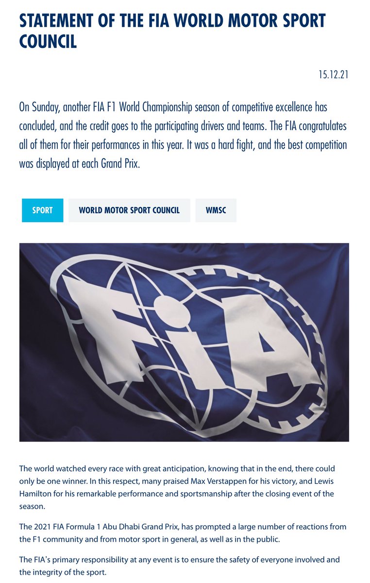 Formula1circus's tweet photo. Statement of the #FIA World Motor Sport Council following the #F1 #AbudhabiGP . Summary : they will analyse, discuss, present and publish findings. #F1farce https://t.co/TKDbGFkJCg