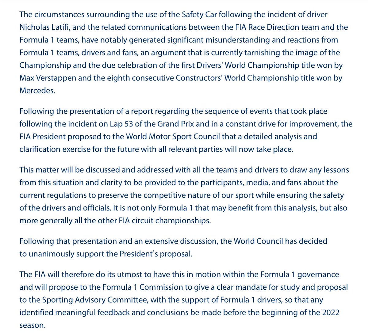 Formula1circus's tweet photo. Statement of the #FIA World Motor Sport Council following the #F1 #AbudhabiGP . Summary : they will analyse, discuss, present and publish findings. #F1farce https://t.co/TKDbGFkJCg