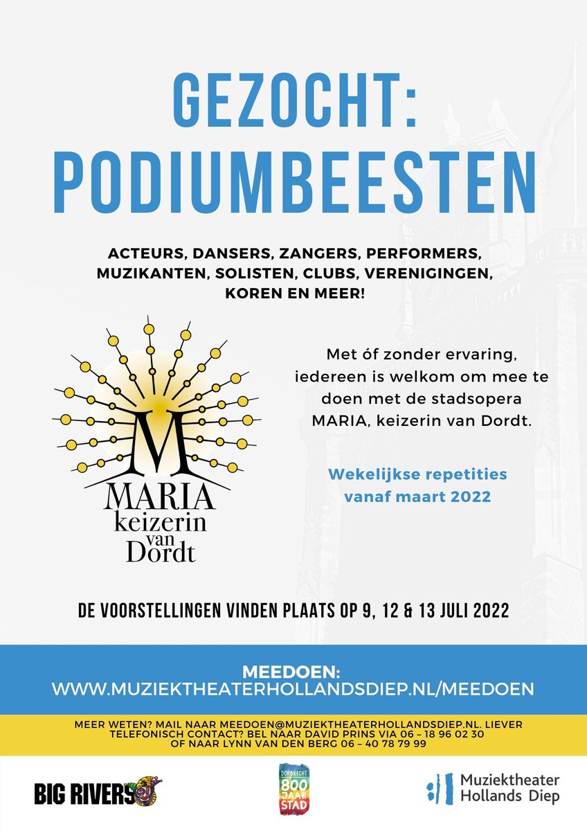 Wil jij acteren, dansen, zingen, performen, muziek spelen. Alleen of met jouw vereniging? Meld je aan voor de stadsopera MARIA keizerin van Dordt via muziektheaterhollandsdiep.nl/meedoen/  
#stadsopera #muziektheater #dordrecht #mariavanbrabant #podiumbeesten #dordrecht800