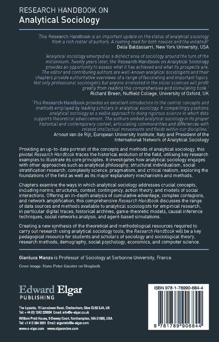 glmanzo's tweet photo. (1/6)

Analytical sociology reached a new maturity stage, and continues to grow! 

The 👉Research Handbook on Analytical Sociology👈is finally out!

This was an amazing collective effort!

Please see more at: 
 
https://t.co/hUJAnkRGxH https://t.co/VhHSAbIwYM