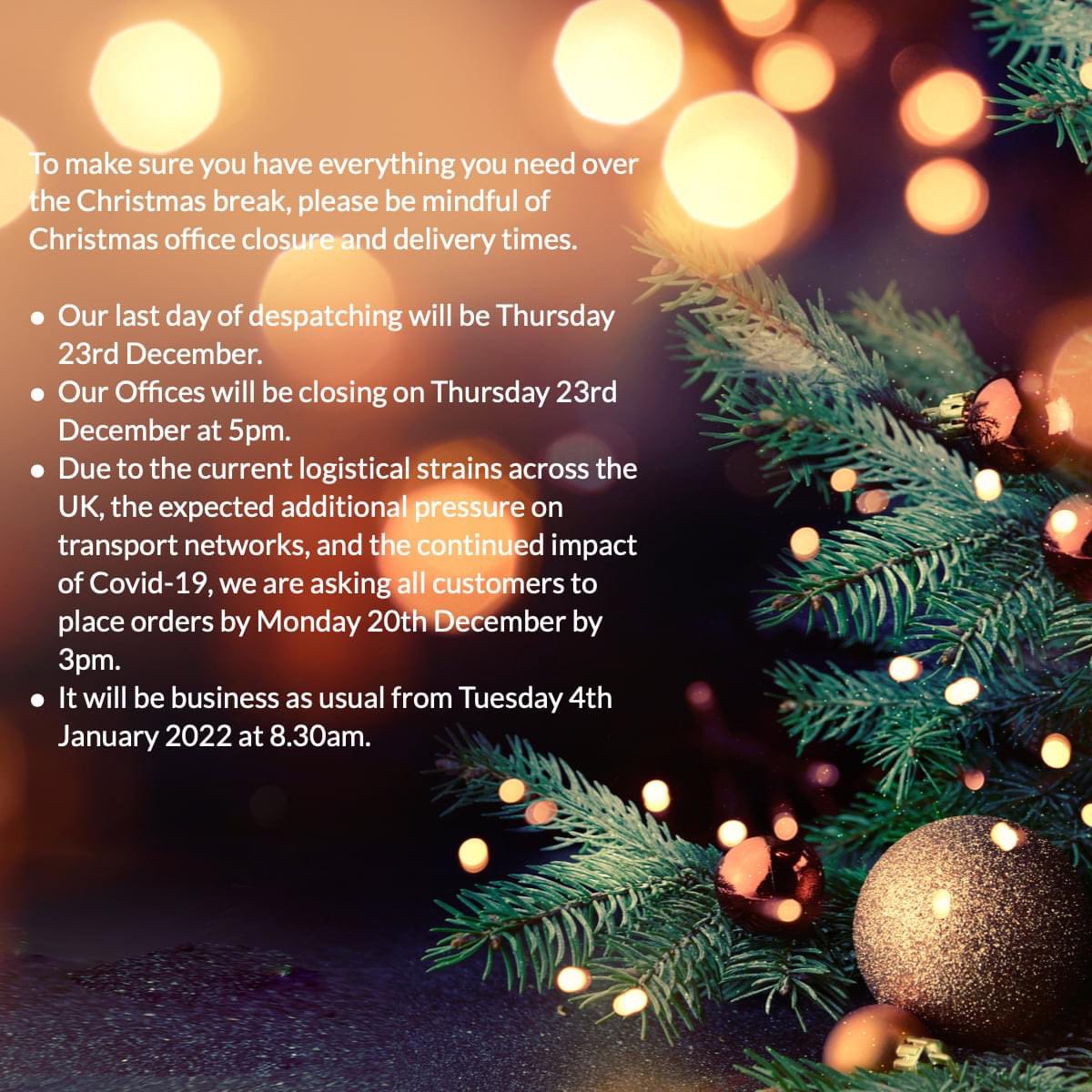 There is still time to order for a pre-Christmas delivery. 

We will be closing for the holidays on Thursday 23rd December 2021 and reopening on Tuesday 4th December 2021. 

From all of us here at Walter Geering , we hope you have a fantastic festive break and a Happy New Year 🎄