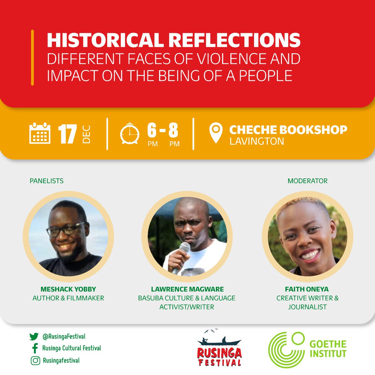 RusingaFestival's tweet photo. We have teamed up with Goethe-Institut Nairobi to host a #HistoricalReflections session at Cheche Bookshop. This session features 'Once, There Was A Star' author Meshack Yobby and Suba Language activist and writer Lawrence Magware.
#RusingaFestAt10
#RusingaFest2021 https://t.co/wgk2q5dT1m