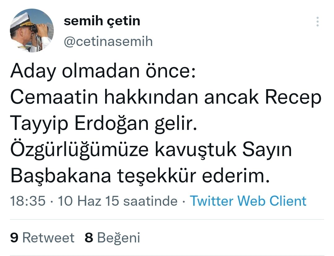 Baktınız gemi batıyor, başkalarına suç atarak kendinizi temize çıkarmaya çalışıyorsunuz. O dedikleriniz Erdoğan'ı demokratikleşme kaydıyla destekledi. Erdoğan'ın diktatör olmasında en büyük destekçileri, hapisten çıkararak 15 Temmuz tuzağını kurdurduğu, SİZ ULUSALCILARSINIZ.
