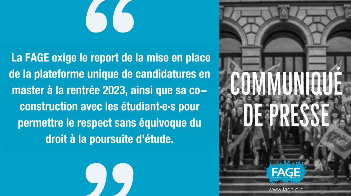 Plateforme unique de candidature en #master :
❌ Délais trop courts pour une mise en place en 2022
❌ Manque de réelle concertation des organisations #étudiantes

📢 La #FAGE exige le report de la mise en place de la plateforme unique de candidatures en master à la rentrée 2023