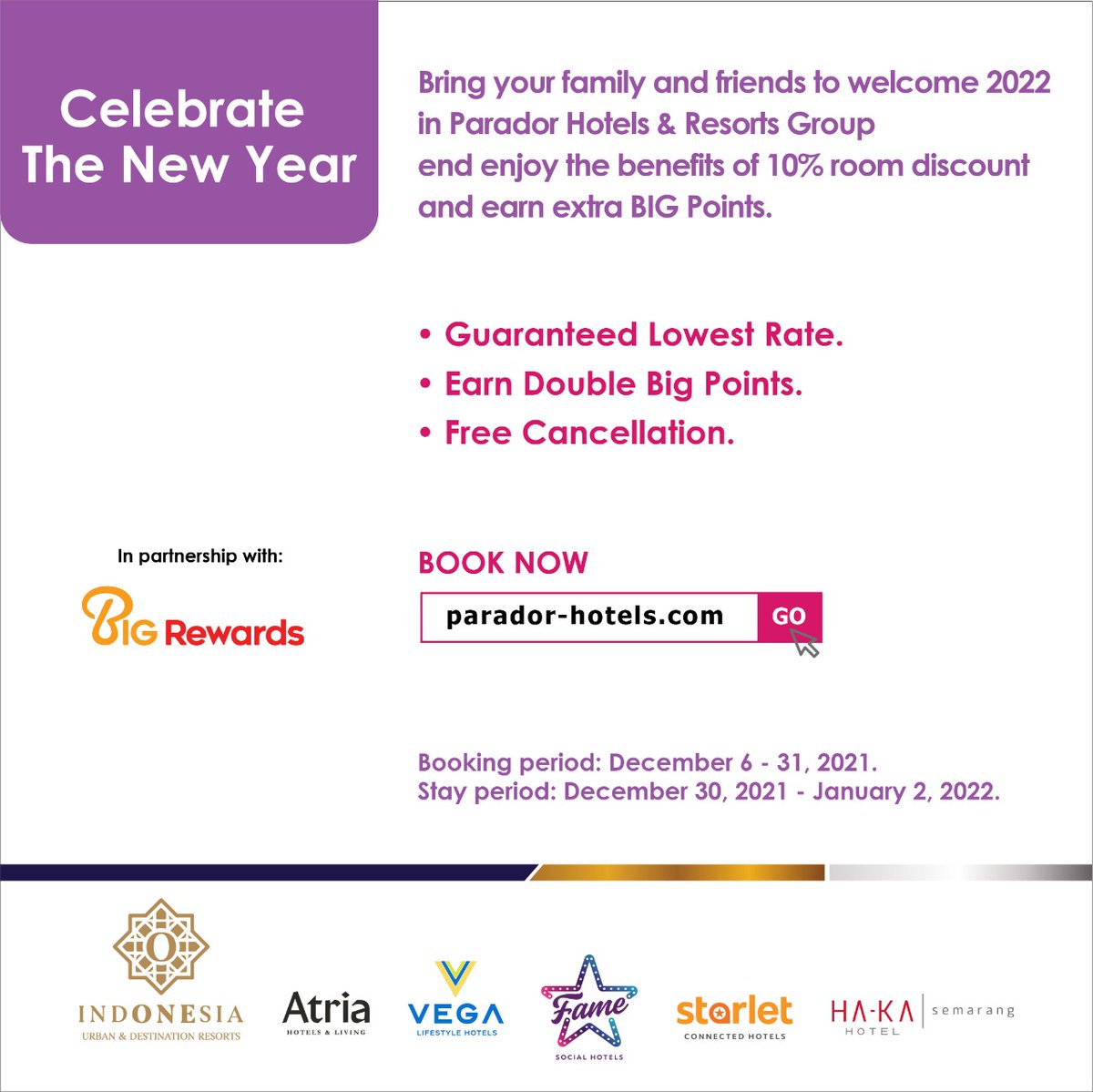 Bring your family and friends to welcome 2022 in Parador Hotels and Resorts Group and enjoy the benefits of 10% room discount and earn extra BIG points. 

• Guaranteed Lowest Rate
• Earn Double Big Points
• Free Cancellation

BOOK NOW
bit.ly/3q7MWuK