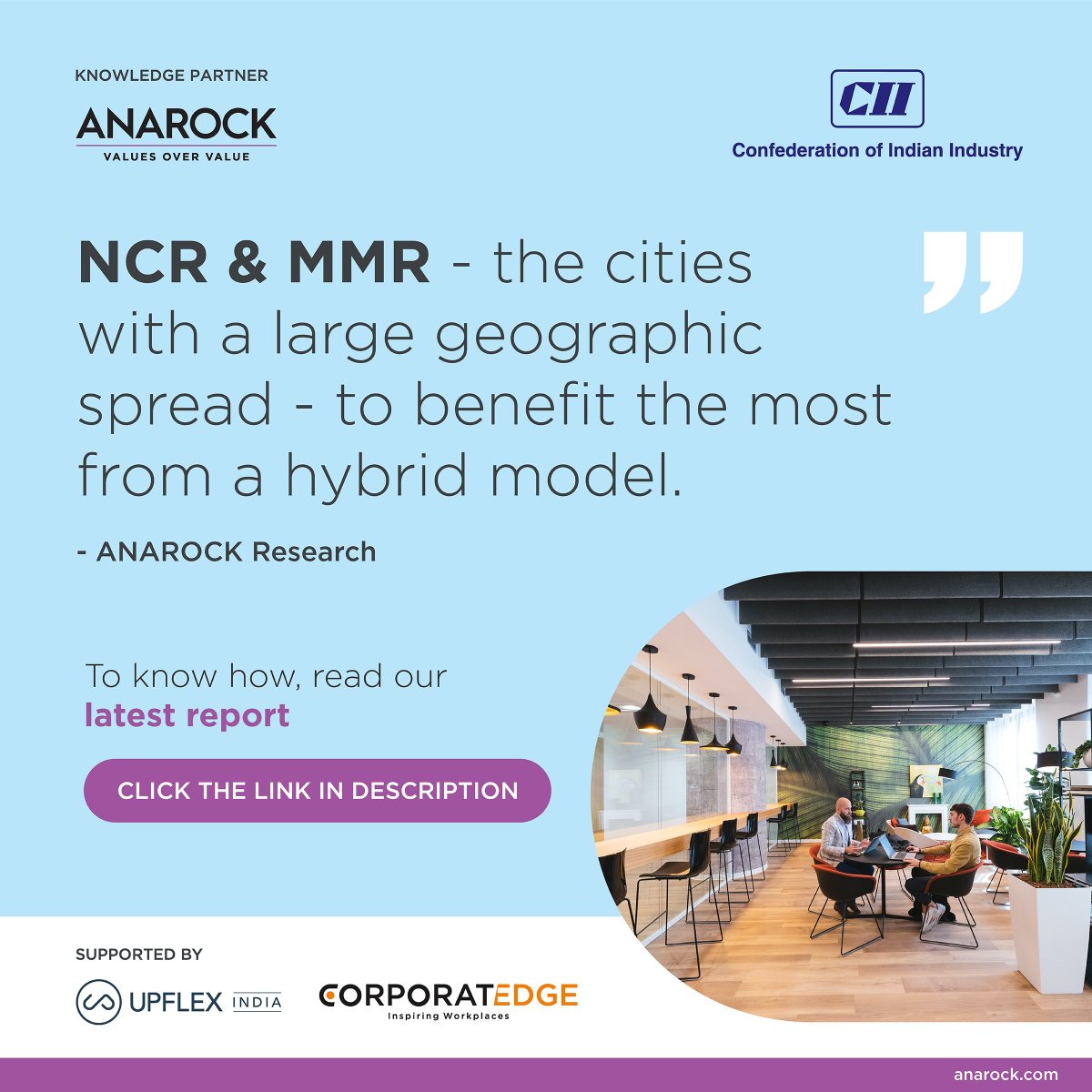 Companies returning to offices will have to consider leveraging #flexispaces to reduce cost and expenditure

Click here to read #CIIxANAROCK Report - Workplaces Of The Future: lnkd.in/d9CZUyt3

#workspacesolutions #UpflexIndia #futureisflexible