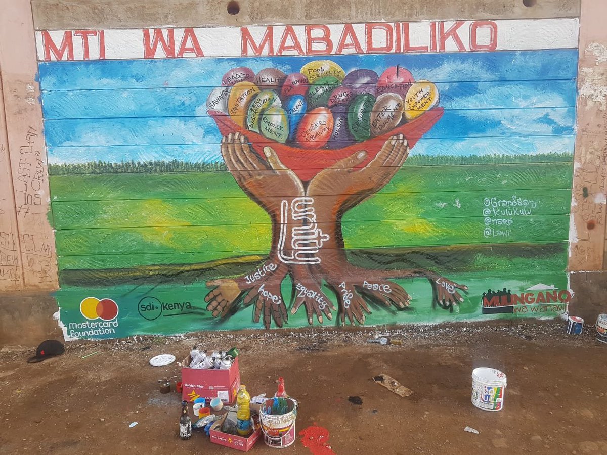Youth artistically present a vision for their respective settlements through the tree of transformation.The roots of the tree anchor transformation and through unity- the trunk of the tree- the communities can achieve the fruits;an all inclusive settlement. @MastercardFdn