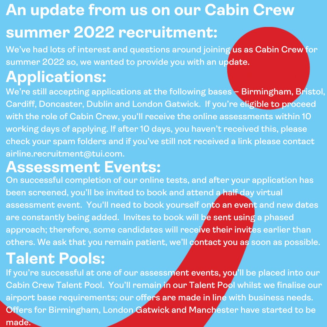 TUICareers's tweet photo. Hi future Cabin Crew ✈ 
We appreciate that many of you have questions around our Cabin Crew recruitment for summer 2022 and we want to help by sharing an update from us. If you have any questions please refer to this document, and if you have further questions, pop us a message. https://t.co/h0fcJeZSTH
