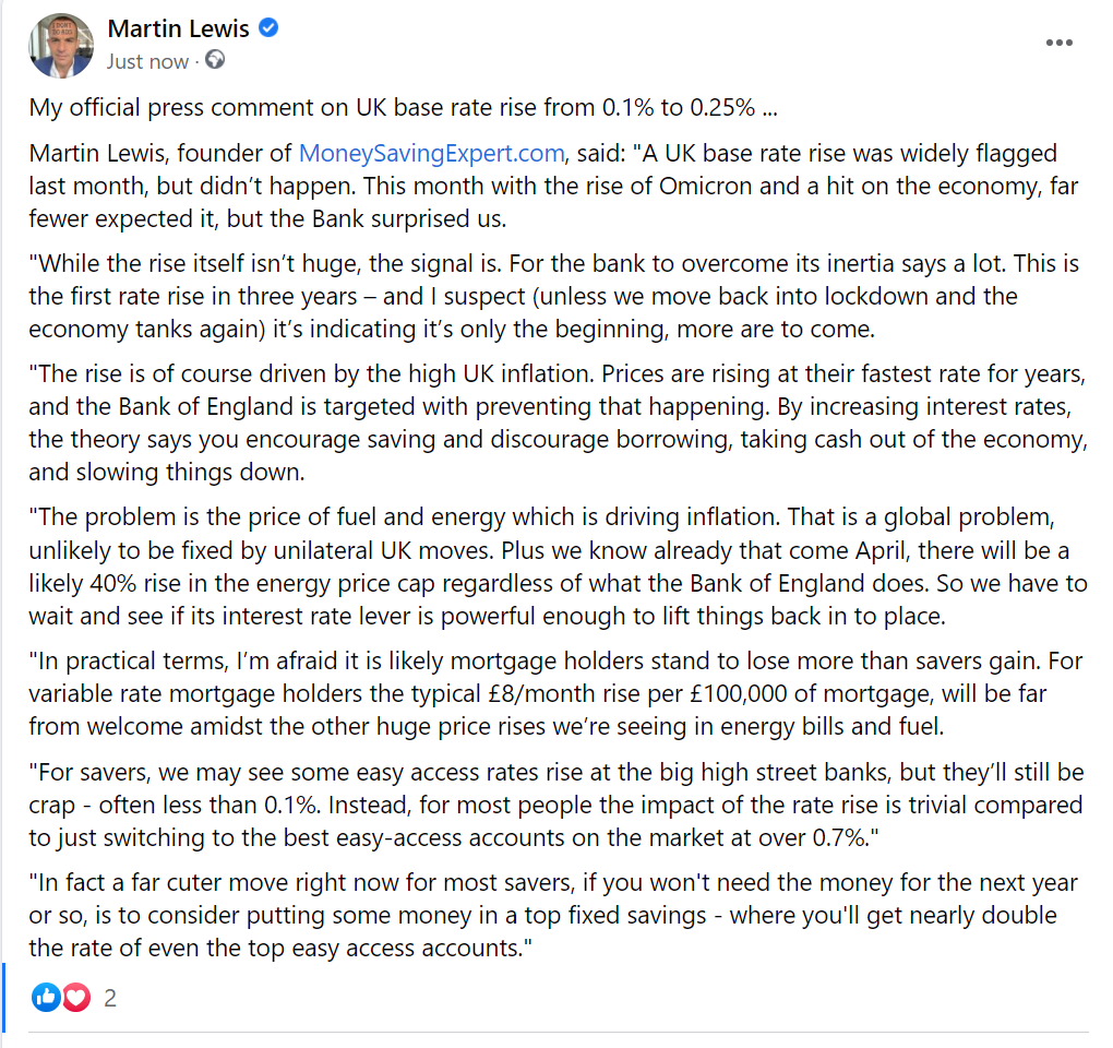 MartinSLewis's tweet photo. My 'official' comment on UK base rates rising from 0.1% to 0.25% today... https://t.co/HkKkWbNEW4