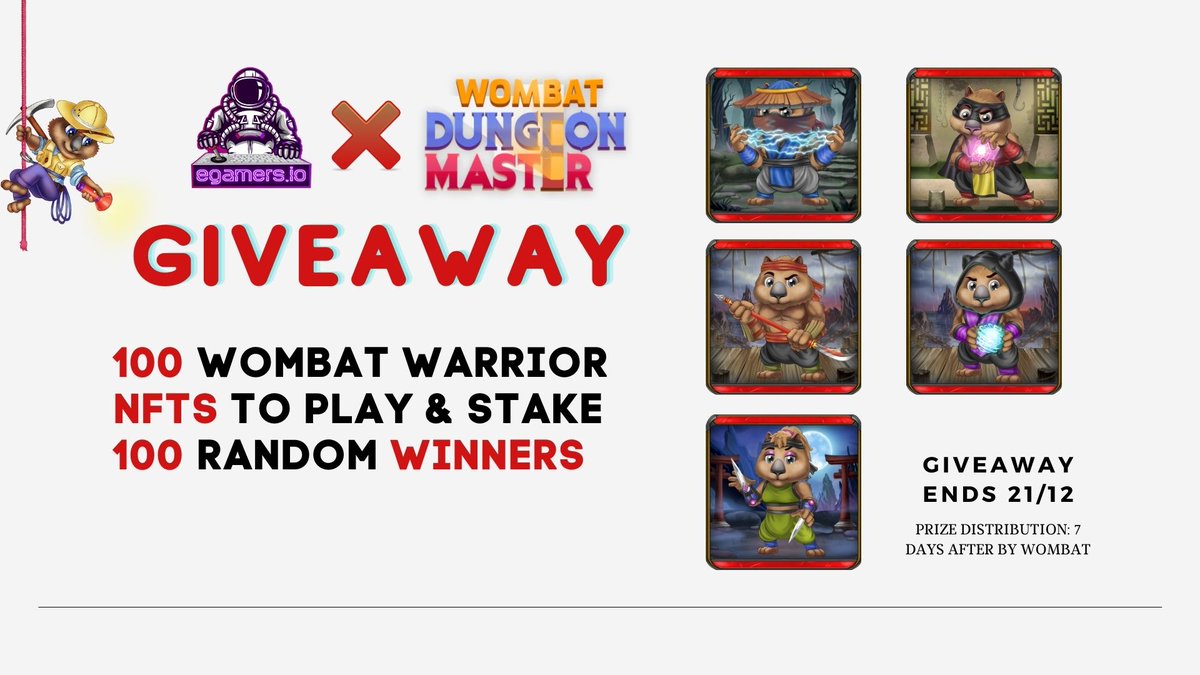 eGamers.io - Play to Earn, NFT & Metaverse (@egamers_io) on Twitter photo 🎁GIVEAWAY TIME 🎁
⚔️Win 100 Wombat Warrior #NFTs.
👉 100 Random Winners.
⚠️How To Join:
👍Follow <a href="/WombatDungeon/">Dungeon Master</a> @ <a href="/egamers_io/">eGamers.io - Play to Earn, NFT & Metaverse</a>
👍Like, Retweet & Tag 3 Friends.
🔥Check out the project: dungeon.wombat.app
Tags: #NFTGiveaway #Playtoearn #Staking #Gaming #NFTGame #Wombat 🎁GIVEAWAY TIME 🎁
⚔️Win 100 Wombat Warrior #NFTs.
👉 100 Random Winners.
⚠️How To Join:
👍Follow <a href="/WombatDungeon/">Dungeon Master</a> @ <a href="/egamers_io/">eGamers.io - Play to Earn, NFT & Metaverse</a>
👍Like, Retweet & Tag 3 Friends.
🔥Check out the project: dungeon.wombat.app
Tags: #NFTGiveaway #Playtoearn #Staking #Gaming #NFTGame #Wombat