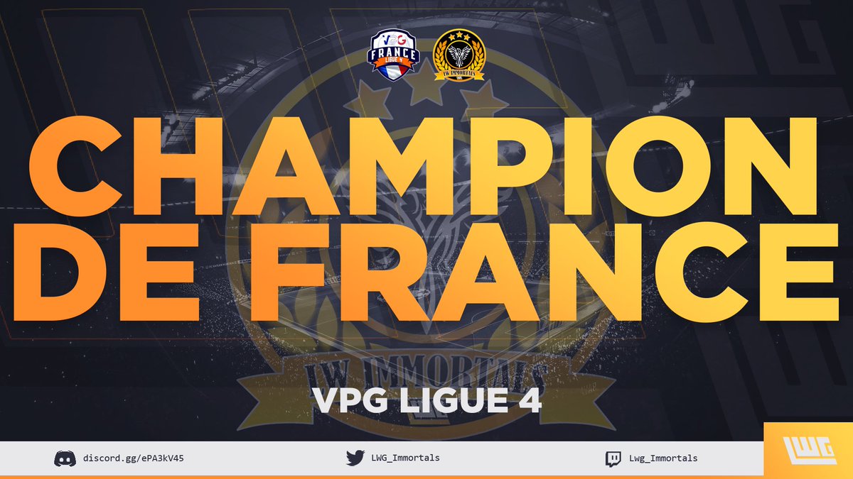 🏆 | Champion 

Au cours d’une saison maîtrisée de bout en bout, nos joueurs de @LWG_Immortals décroche le titre en <a href="/VPGFrance_/">VPG France</a> L4 ! 

Félicitations aux joueurs et au staff.

#LWG_Officiel #eSports 
@LWG_Immortals