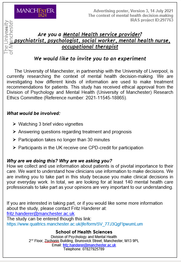 Are you a Mental Health service provider?
If so please take a look at the below study. You will be asked to watch video clips and to fill out a questionnaire.
 If you can help with this important research please follow the link for more information!
bit.ly/3q1DxEL