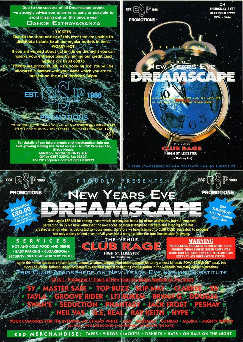 Today for Tbt we go back to 31st Dec NYE 1992 for Dreamscape at Club Rage,Leicester. A great event with a big lineup of DJs and Mcs,Dreamscape events were always top draw!!! 

#dreamscape #nye #clubrage #rave #jungle #dnb #oldskool #tbt