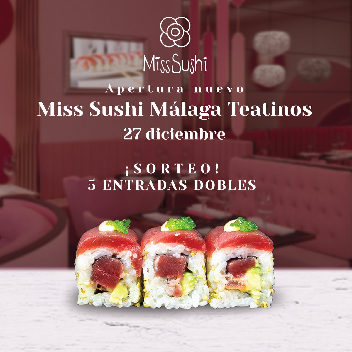 ¡SORTEO!! 🎊. El próximo día 27 abrimos el nuevo Miss Sushi Málaga Teatinos, el segundo restaurante de Miss Sushi en #Málaga ☀️❤️. Para celebrarlo, sorteamos 5 cenas dobles 👥, en nuestro perfil oficial de Instagram 🎉. ¡No te lo pierdas! instagram.com/misssushiofici…