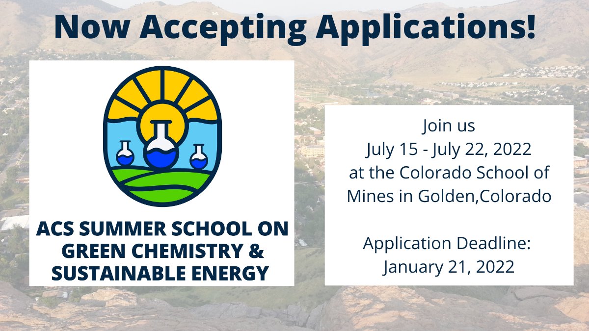 The <a href="/AmerChemSociety/">American Chemical Society</a> Summer School on Green Chemistry &amp; Sustainable Energy is accepting applications through Jan. 21, 2022! Grad students &amp; postdocs from the Americas are invited to apply to this free program! Find out more: fal.cn/3kHxm