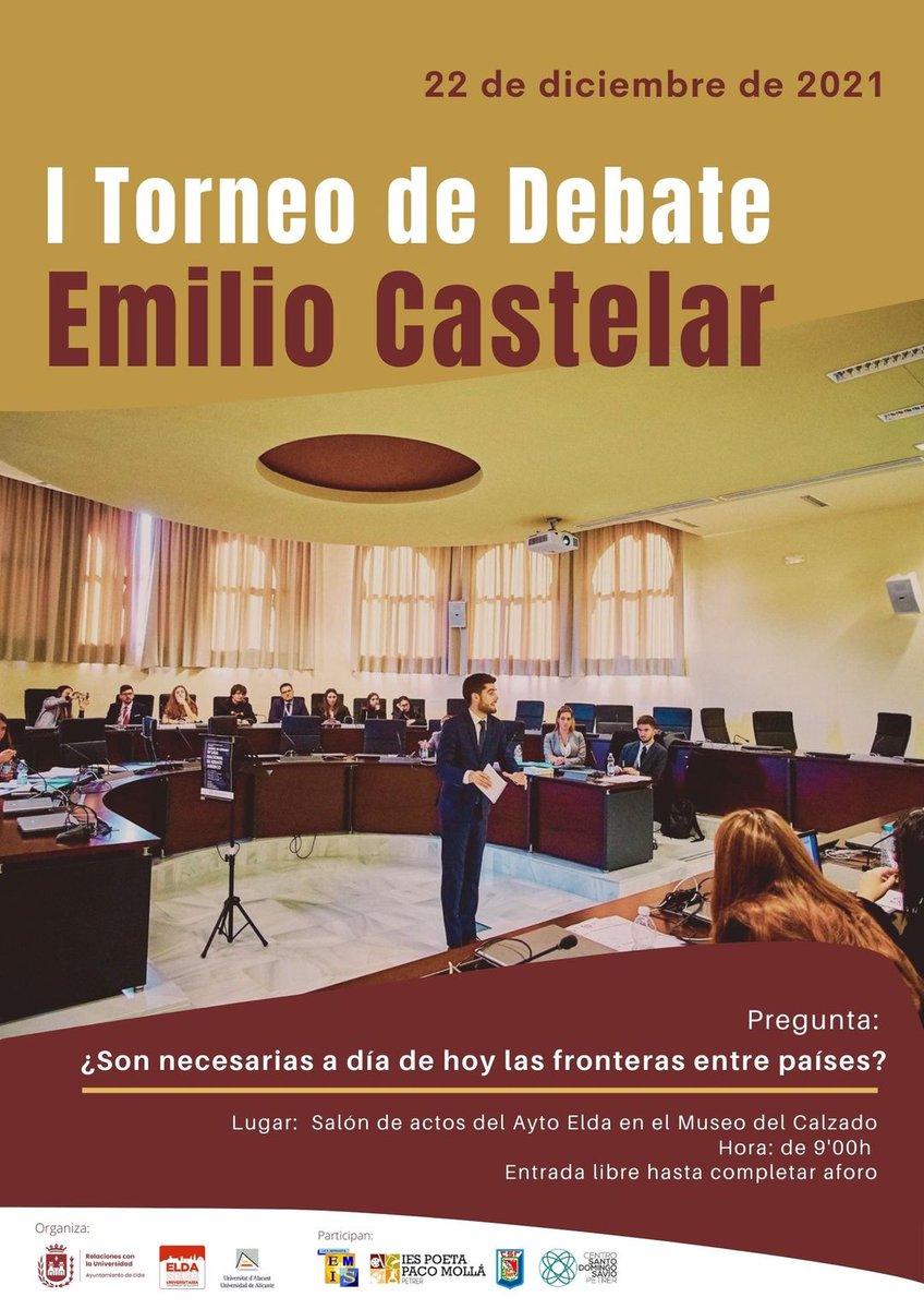 El día 22 de diciembre se celebrará el Primer Torneo de Debate "Emilio Castelar" entre centros educativos del Valle del Vinalopó. Será a partir de las 9'00h en el salón de actos del Ayto. de Elda en el Museo del calzado. La entrada es libre hasta completar aforo.
Os esperamos.
