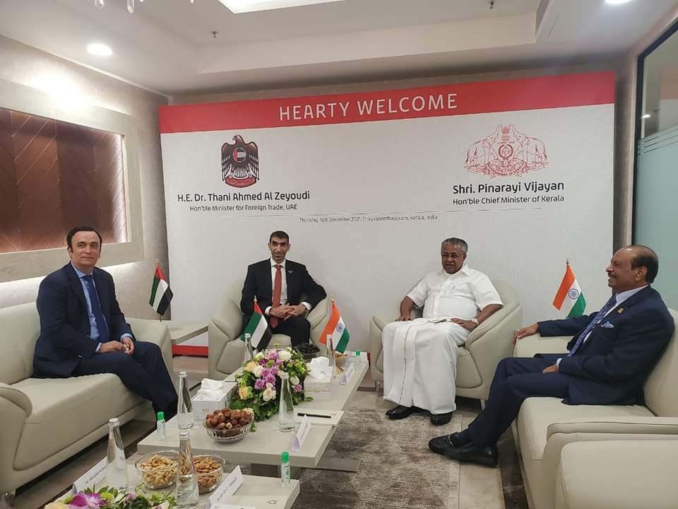 pinarayivijayan's tweet photo. The UAE has promised to open a state-of-the-art food park in Kerala. @ThaniAlZeyoudi, the UAE Minister of State for Foreign Trade, has said the details would be discussed with the technical team. Thanks to the Govt of UAE for their immense support for Kerala's development. https://t.co/FruzQc1HOI