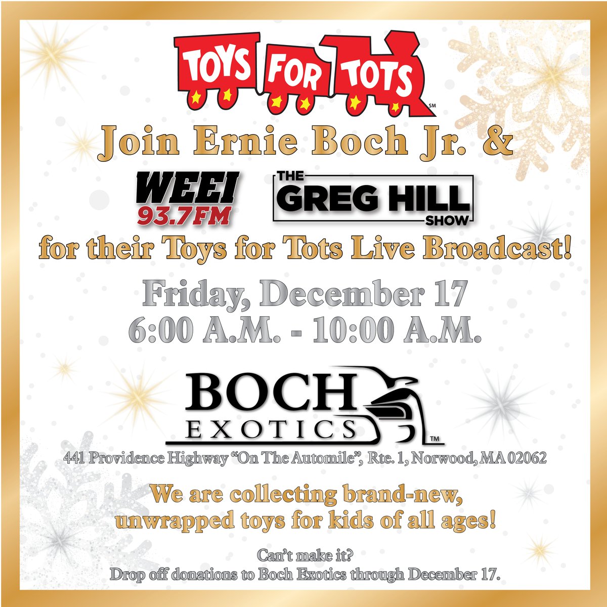 WEEI's tweet photo. Tomorrow is the annual @TheGregHillShow Toys for Tots Live Broadcast with @ErnieBochJr at Boch Exotics on the Automile, Route 1 in Norwood.

We'll be collecting new, unwrapped toys from 6-10am. Come on down! https://t.co/7s8OvK2HGY