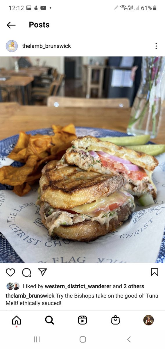 Tuna melt sandwich, at the Lamb and Flag on Sydney Rd. 
Tuna with dill and caper mayo with tomato, red onion and melting tasty cheese. With sweet potato crisps.