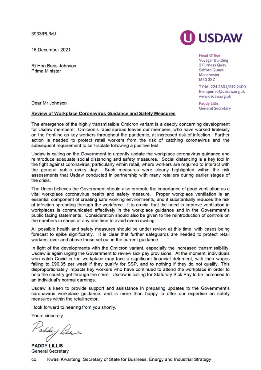 PaddyLillisGS's tweet photo. I've written to the Prime Minister @BorisJohnson calling on the Government to review sick pay provisions and urgently update the workplace coronavirus guidance, reintroducing adequate social distancing and safety measures to #KeepShopsSafe https://t.co/e5WAJUOedJ