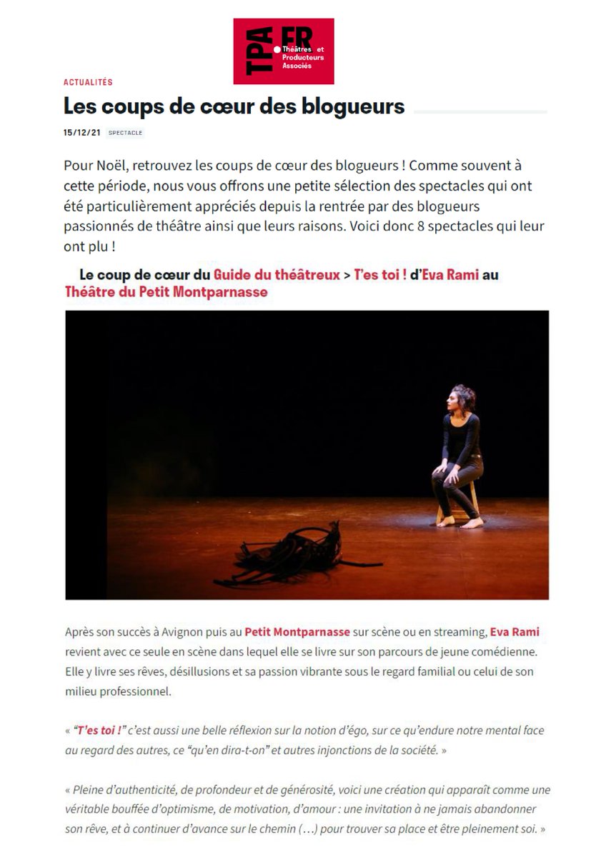 TMontparnasse's tweet photo. #TESTOI dans les coups de ❤️ des blogueurs sur le site des @TheatresFR
Retrouvez #EvaRAMI au Petit @TMontparnasse jusqu'au 31 décembre !
Réservations au 01.43.22.77.74 ou https://t.co/ZrbdF5LHyJ https://t.co/YX1C7ogc88